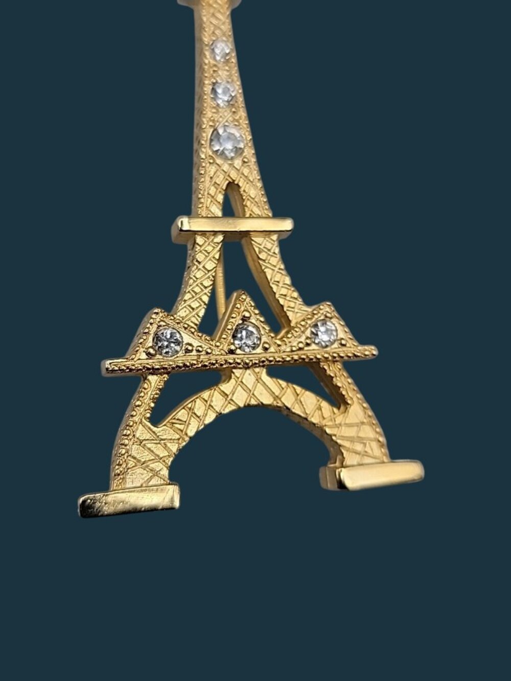 Vintage Rhinestone Eiffel Tower Brooch Gold Tone Open Work Cross Stitch Paris - Picture 7 of 7